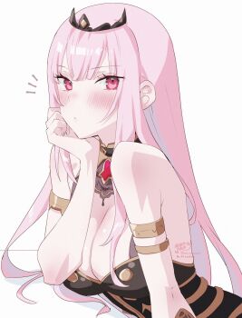 1girl black_dress black_tiara blush breasts cleavage dress highres hololive hololive_english kamiya_maneki large_breasts long_hair looking_at_viewer mori_calliope mori_calliope_(1st_costume) pink_eyes pink_hair red_eyes solo tiara virtual_youtuber