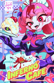 1girl absurdres apron back_bow bow cherry clenched_hand colored_text_highlight demon_girl demon_tail dessert donuttypd dots food fruit gem gloves hand_on_own_hip hand_up heart highres icing inferno_cafe large_bow liquid long_hair looking_at_viewer maid_headdress official_art open_mouth pink_hair plate puffy_short_sleeves puffy_sleeves purple_gloves red_eyes red_gemstone scar sharp_teeth short_sleeves short_twintails smile sprinkles strawberry tail teeth tongue tongue_out twintails upper_teeth_only very_long_hair waist_apron white_apron white_bow zatahnia_(donuttypd)