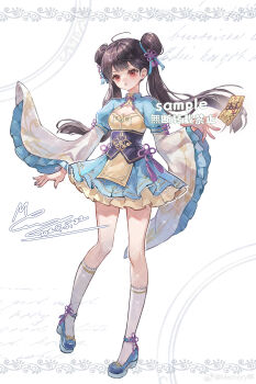 1girl :o absurdres ahoge ankle_ribbon annoyed blue_dress blue_ribbon blue_shoes blunt_bangs breasts brown_hair character_request chinese_clothes chinese_commentary cleavage cleavage_cutout clothing_cutout commentary_request commission copyright_request corset dated double_bun dress eyelashes floating_hair flower_knot frilled_dress frilled_sleeves frills full_body furrowed_brow hair_bun hair_ribbon high_heels highres kneehighs knees lace lace-trimmed_dress lace-trimmed_socks lace_trim layered_sleeves leg_ribbon long_hair long_sleeves looking_ahead memory_mie object_floating_above_hand ofuda open_mouth orange_eyes pleated_dress puffy_short_sleeves puffy_sleeves pumps purple_corset purple_ribbon ribbon sample_watermark shoes short_dress short_over_long_sleeves short_sleeves signature socks solo standing tabard tassel twintails waist_ribbon watermark watermark_grid white_background white_sleeves white_socks wide_sleeves yellow_tabard