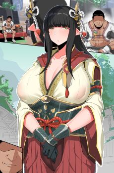 1boy 1girl black_hair breasts cleavage covered_erect_nipples dark-skinned_male dark_skin food highres hinoa huge_breasts japanese_clothes kimono monster_hunter_(series) monster_hunter_rise multiple_views parted_lips plump pointy_ears s_ryouchi see-through_clothes sequential smile