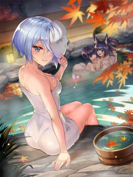 3girls alcohol animal_ears aqua_eyes aqua_hair autumn_leaves blue_eyes blue_hair blunt_bangs blush breasts closed_mouth commentary_request grabbing_another&#039;s_breast grabbing_from_behind grass groping holding holding_mask izuna_(ragnador) lantern large_breasts leaf long_hair looking_at_viewer maple_leaf mask multiple_girls naked_towel night night_sky noppera-bou_(ragnador) official_art onsen open_mouth purple_hair ragnador sake short_hair sitting sky smile takiyasha_hime_(ragnador) third-party_source tokkuri towel wet white_mask