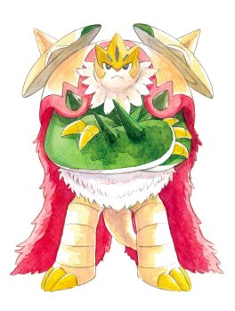 1other cape chesnaught claws closed_mouth colored_skin crossed_arms forehead_protector full_body furry gen_6_pokemon green_skin highres looking_at_viewer mega_chesnaught mega_pokemon mint_nappa multicolored_skin nintendo pokemon pokemon_(creature) pokemon_focus red_fur red_nose simple_background solo spikes two-tone_skin white_background white_beard white_fur yellow_claws