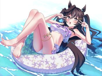 1girl :d animal_ears barefoot bikini blush breasts brown_hair commentary_request double_v ear_ornament frilled_bikini frills full_body hair_between_eyes hair_ornament heart heart_hair_ornament highres horse_ears horse_girl horse_tail innertube jewelry liking long_hair looking_at_viewer medium_breasts multicolored_hair nail_polish necklace official_alternate_costume on_innertube open_mouth purple_bikini purple_eyes smile solo streaked_hair swim_ring swimsuit tail thighs toenail_polish toenails twintails umamusume v vivlos_(eclat_d&#039;ete)_(umamusume) vivlos_(umamusume) water white_hair