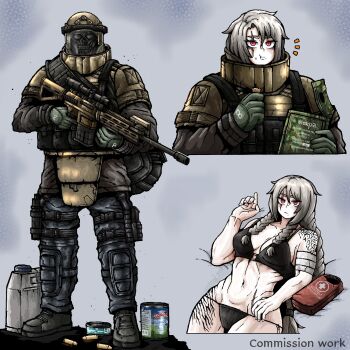 Rule 34 | 1girl, assault rifle, bikini, black bikini, black panties, body armor, breasts, commission, field ration, food, gloves, green gloves, grey hair, gun, helmet, highres, holding, holding food, holding gun, holding weapon, leg tattoo, long hair, navel, octosoup, original, panties, red eyes, rifle, russian text, scar, scar across eye, scar on face, scope, shoulder tattoo, skull print, solo, swimsuit, tactical clothes, tattoo, tin (container), underwear, weapon