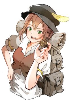 1girl absurdres backpack bag blush breasts brown_hair brown_vest coin dress gold_coin green_eyes hat_feather highres medium_breasts octopath_traveler octopath_traveler_i open_mouth rico_ot short_hair smile solo tressa_(octopath_traveler) tressa_colzione vest white_dress