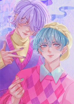 2boys aqua_eyes aqua_hair baby_(kpop_demon_hunters) closed_mouth collared_shirt commentary finger_heart hair_over_eyes hat highres kpop_demon_hunters looking_at_viewer multiple_boys mystery_(kpop_demon_hunters) neru_scarlet pink_sweater purple_hair purple_nails shirt short_hair smile sweater turtleneck upper_body yellow_hat