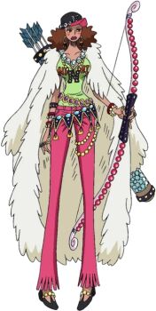 00s 1girl blush_stickers bow_(weapon) breasts brown_eyes brown_hair cleavage curvy dark-skinned_female dark_skin earrings full_body fur_trim holding holding_bow_(weapon) holding_sword holding_weapon hoop_earrings jewelry large_breasts lipstick looking_afar makeup medium_hair naomi_drunk official_art one_piece one_piece_heart_of_gold pants parted_lips print_shirt shirt simple_background solo standing sword tears toei_company transparent_background weapon wide_hips