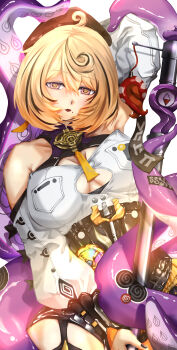 1girl absurdres accessories arm_behind_head arm_up armpits asymmetrical_shorts bare_shoulders beret black_hat black_nails blonde_hair breasts button_gap commentary_request detached_sleeves garter_straps hair_between_eyes hat high-waist_shorts highres holding holding_weapon large_breasts looking_at_viewer mole mole_under_mouth monster_girl open_mouth purple_eyes puvgbfibuk89182 scylla shirt short_hair shorts single_garter_strap single_thighhigh solo suction_cups tentacle_girl tentacle_tail tentacles thighhighs weapon white_shirt white_sleeves yidhari_murphy zenless_zone_zero