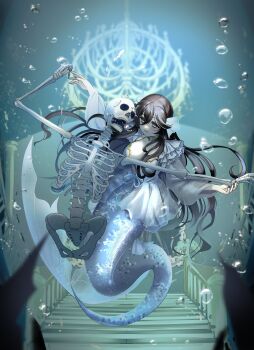 1girl absurdres air_bubble black_hair blue_dress blue_tail breasts bubble commentary dancing double-parted_bangs dress english_commentary fins fish_tail frilled_dress frills full_body grey_eyes grey_streaks hair_between_eyes head_fins highres large_breasts long_hair long_sleeves mermaid monster_girl multicolored_hair open_mouth original pale_skin parted_lips ryuuxin sadie_(ryuuxin) skeleton smile solo streaked_hair tail underwater water