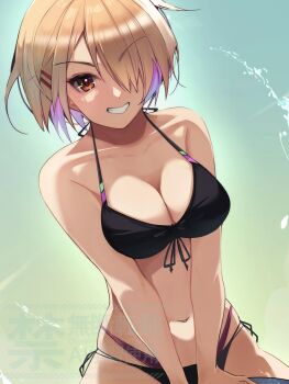 1girl bare_arms bikini black_bikini blonde_hair breasts brown_eyes cleavage collarbone front-tie_bikini_top front-tie_top grin hair_ornament hair_over_one_eye hairclip halterneck heaven_burns_red highres inflatable_toy kayamori_ruka large_breasts layered_bikini looking_at_viewer medium_breasts multicolored_hair natsuki_(muravito) navel purple_hair red_eyes short_hair side-tie_bikini_bottom side-tie_clothing side-tie_swimsuit smile solo swimsuit teeth v_arms