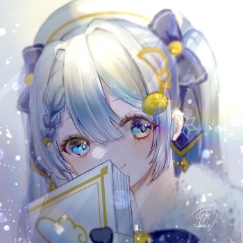 1girl aqua_eyes aqua_hair beret blue_bow blush book bow braid closed_mouth commentary fortissimo hair_between_eyes hair_ornament hat hatsune_miku holding holding_book long_hair musical_note musical_note_hair_ornament official_alternate_costume official_alternate_hairstyle omutaro smile snowflake_print solo very_long_hair vocaloid yuki_miku yuki_miku_(2021)