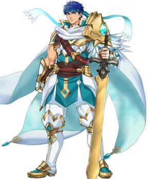 Rule 34 | 1boy, armor, blue eyes, blue hair, blue headband, cape, closed mouth, feathers, fingerless gloves, fire emblem, fire emblem: radiant dawn, fire emblem heroes, gloves, greatsword, headband, highres, holding, holding sword, holding weapon, ike (fire emblem), ike (vanguard legend) (resplendent) (fire emblem), kuroba.k, looking at viewer, male focus, muscular, muscular male, nintendo, non-web source, official alternate costume, pants, popped collar, ragnell, scarf, solo, sword, tachi-e, weapon, white cape, white gloves, white pants, white scarf