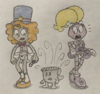 absurdres blonde_hair bow bowtie colored_skin commentary dress english_commentary hat highres mary_janes orange_hair panties pantyshot pink_dress pink_shirt pink_shoes pink_skin pink_skirt red_bow red_bowtie shirt shoes skirt sparkle star_(symbol) top_hat underwear upskirt white_skirt wind yellow_shoes