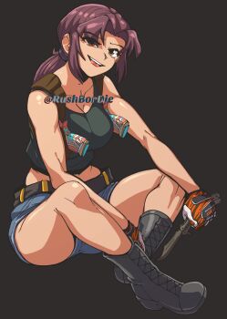 Rule 34 | 1girl, balisong, belt, black belt, black boots, black lagoon, black tank top, blue shorts, boots, breasts, brown eyes, brown hair, commentary, commission, counter-strike (series), counter-strike 2, dagger, desert eagle, english commentary, full body, gloves, grey background, gun, handgun, highres, holding, holding dagger, holding knife, holding weapon, hugo (rushbordie), knife, large breasts, long hair, looking at viewer, open mouth, orange gloves, revy (black lagoon), shorts, simple background, sitting, smile, solo, striped clothes, striped gloves, tank top, weapon