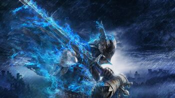 1boy armor blue_fire elden_ring elden_ring_nightreign fire flaming_sword flaming_weapon full_armor gauntlets greatsword helm helmet holding holding_sword holding_weapon knight male_focus official_art pauldrons rain shoulder_armor solo sword weapon winged_helmet wylder_(elden_ring)