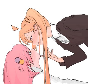 2girls ahoge black_jacket blonde_hair blue_eyes blush bocchi_the_rock! closed_mouth commentary_request cube_hair_ornament eye_contact gotoh_hitori hair_ornament highres ijichi_nijika jacket licking_lips long_hair looking_at_another mentos_pepsi multiple_girls pink_hair red_eyes shirt side_ponytail simple_background tongue tongue_out white_background white_shirt yuri