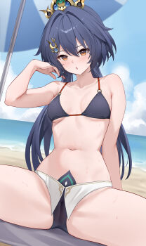 1girl adapted_costume beach bikini black_bikini black_hair blue_sky blush breasts brown_eyes cameltoe commentary_request day highres honkai:_star_rail honkai_(series) long_hair looking_at_viewer lunacle medium_breasts navel ocean parted_lips sitting sky solo spread_legs stomach swimsuit yunli_(honkai:_star_rail)