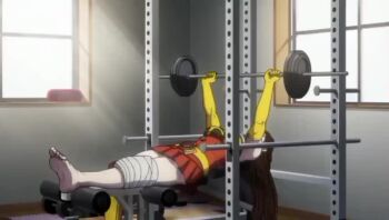 Rule 34 | 1girl, animated, bare shoulders, blue eyes, breasts, brown hair, cleavage, dumbbell, elbow gloves, electro wave human tackle, exercising, gloves, helmet, highres, injury, kamen rider, large breasts, long hair, looking at viewer, lying, muscular, muscular female, okada yuriko, on back, solo, sound, tagme, toujima tanzaburou wa kamen rider ni naritai, video, weightlifting