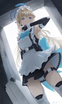 1girl absurdres aifankuendefeng armpits black_gloves black_thighhighs blonde_hair blue_archive blue_eyes breasts chinese_commentary elbow_gloves fingerless_gloves gloves halo highres long_hair maid maid_headdress sleeveless solo suitcase thighhighs toki_(blue_archive)