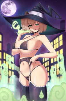 1girl animal_ears artist_name black_bow black_bra black_garter_belt black_garter_straps black_hat black_panties black_thighhighs blush bow bow_bra bow_panties bra breasts brown_hair building city collarbone commentary ears_through_headwear english_commentary fingernails full_moon garter_belt garter_straps ghost green_eyes green_nails hair_between_eyes halloween hat highres indie_virtual_youtuber large_breasts looking_at_viewer medium_hair mischiefmiz mole mole_on_breast moon nail_polish navel night night_sky nimi_nightmare one_side_up open_mouth outdoors panties sky smile star_(sky) starry_sky stomach tapir_ears tapir_girl teeth thighhighs thighs underwear upper_teeth_only virtual_youtuber white_hat