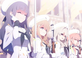 4girls artist_request beret black_hair black_neckerchief blonde_hair blue_archive brown_hair capelet closed_eyes dress evil_smile flag game_cg gloves grey_halo gun halo hand_on_own_face hat highres holding holding_flag holding_gun holding_weapon long_hair multiple_girls neckerchief non-web_source official_art open_mouth parted_lips purple_eyes rifle shaded_face smile tea_party_militant_(blue_archive) weapon white_capelet white_dress white_gloves white_hat