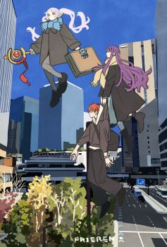 1boy 2girls black_bag black_coat black_pants black_shoes blue_dress blue_scarf briefcase building character_charm charm_(object) city coat commentary_request contemporary dress earrings elf fern_(sousou_no_frieren) floating frieren full_body grey_hair grey_pantyhose hair_between_eyes hair_ornament hairclip half_updo highres himmel_(sousou_no_frieren) holding holding_briefcase holding_staff jewelry loafers long_hair multiple_girls pants pantyhose pointy_ears purple_hair red_hair scarf shoes short_hair sidelocks skyscraper sousou_no_frieren staff stark_(sousou_no_frieren) takeuchi_ryousuke twintails white_scarf