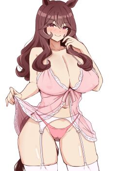 1girl absurdres aki_(mmtghdak) animal_ears babydoll blush breasts brown_hair cleavage closed_mouth clothes_lift commentary_request covered_erect_nipples cowboy_shot gentildonna_(umamusume) highres horse_ears horse_girl horse_tail large_breasts lifting_own_clothes long_hair looking_at_viewer navel panties pink_babydoll pink_panties red_eyes see-through_clothes simple_background skindentation smile solo stomach tail thick_thighs thighhighs thighs umamusume underwear white_background white_thighhighs