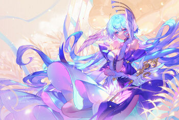 Rule 34 | 1girl, artist name, bare shoulders, blue dress, blue eyes, blue hair, breasts, cleavage, copyright name, cowboy shot, dress, feathered wings, head wings, holding, holding staff, honkai: star rail, honkai (series), long hair, medium breasts, orange sekaii, robin (honkai: star rail), solo, staff, white dress, wings