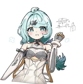 1girl ahoge arm_up bare_shoulders blue_eyes blue_hair blush braid braided_ponytail breasts commentary_request detached_sleeves flower_hairpin formal_clothes gloves grin hair_ornament hairpin humanoid_robot long_hair looking_at_viewer mole mole_on_shoulder parted_lips pepa_xgame robot see-through_dress_layer seed_(zenless_zone_zero) seed_sr. simple_background small_breasts smile sparkle suit thumbs_up upper_body white_background white_gloves white_suit zenless_zone_zero