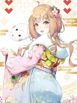 Rule 34 | 1boy, 2025, ahoge, androgynous, ass, blush, chinese zodiac, crossdressing, crossdressing (mtf), from behind, hair ornament, happy new year, highres, huge ass, japanese clothes, kimono, long hair, looking at viewer, natsusora wakana, new year, novady, open mouth, orange hair, original, shiny skin, smile, solo, stuffed animal, stuffed toy, trap, wide hips, year of the snake, yellow eyes, yukata