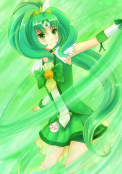 10s 1girl bad_id bad_pixiv_id bike_shorts bike_shorts_under_skirt choker cure_march dress female_focus green_background green_dress green_eyes green_hair green_shorts green_skirt green_theme langod long_hair magical_girl matching_hair/eyes midorikawa_nao ponytail power precure shorts shorts_under_skirt skirt smile smile_precure! solo tiara tri_tails very_long_hair wind wrist_cuffs