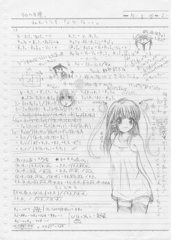 00s :3 clothes_lift futaba_channel greyscale katase_shima kirchhoff-tan lingerie long_hair math monochrome nightgown notes panties pantyshot physics sketch skirt skirt_lift thighhighs traditional_media uchuu_no_stellvia underwear zettai_ryouiki