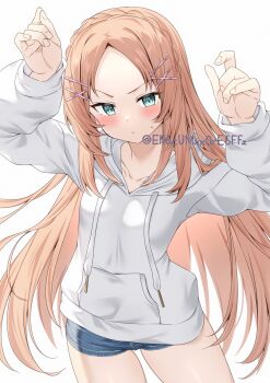 1girl aqua_eyes arms_up bare_legs blue_shorts bluesky_username blush braid casual closed_mouth collarbone commentary cowboy_shot crown_braid curled_fingers denim denim_shorts drawstring fingernails flat_chest forehead furrowed_brow hair_intakes hair_ornament hairclip highres hood hood_down hoodie legs_apart long_hair long_sleeves looking_at_viewer orange_hair original parted_bangs short_shorts shorts simple_background solo standing thigh_gap thighs very_long_hair white_background white_hoodie yamano_rokamizu