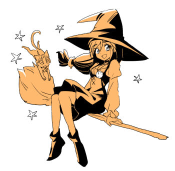 1boy 1girl adapted_costume animalization black_choker black_dress boots breasts broom broom_riding cat choker crystal dede_(qwea_00000) dress final_fantasy final_fantasy_ix full_body garnet_til_alexandros_xvii hair_between_eyes hair_ornament hairclip hat jewelry juliet_sleeves long_hair long_sleeves low-tied_long_hair medium_breasts monochrome open_mouth pendant puffy_sleeves shirt sketch smile white_background white_shirt witch witch_hat zidane_tribal