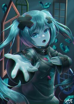 1girl absurdres aqua_eyes aqua_hair aqua_nails batsu_miku grey_jacket hair_between_eyes hair_ornament hand_on_own_chest hatsune_miku highres jacket kowareta_sekai_to_utaenai_miku long_hair long_sleeves looking_at_viewer open_mouth project_sekai reaching reaching_towards_viewer solo turtleneck turtleneck_jacket twintails very_long_hair vocaloid wide_sleeves x_hair_ornament zpdlzm777