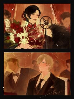 ada_wong alternate_universe black_border black_bow black_bowtie black_hair black_jacket black_necktie black_suit black_vest blonde_hair blush border bouquet bow bowtie breasts china_dress chinese_clothes collared_shirt dress earrings flower formal_clothes gold_trim hair_bun hetero highres holding holding_bouquet jacket jewelry leon_s._kennedy lipstick looking_at_another makeup male_focus medium_breasts microphone_stand mofa_shuimu_jiang music necktie red_dress red_flower resident_evil shirt short_hair signature singing suit suit_jacket updo upper_body vest waistcoat white_flower white_shirt