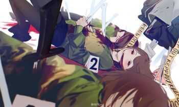 black_shorts blood blood_from_mouth blood_on_clothes blood_on_face bloody_knife bone brown_hair caution_tape chara_(undertale) clone corpse eere green_sweater holding holding_bone knife knifed leggings looking_at_viewer red_hair sans_(undertale) shorts stab striped_clothes striped_sweater sweater undertale utdr_(toby_fox) white_background