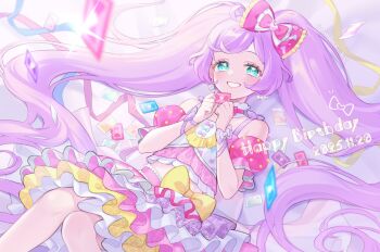 1girl bare_shoulders bow card commentary cropped_shirt dated detached_sleeves dot_nose frilled_bow frills green_eyes grin hair_bow half-closed_eyes hands_up happy_birthday hashtag-only_commentary holding holding_card idol idol_clothes knees_together_feet_apart layered_skirt light_blush long_hair looking_at_viewer lying manaka_laala midriff nanceee_305 on_back pink_bow pink_skirt pink_sleeves pretty_series pripara puffy_short_sleeves puffy_sleeves purple_bow purple_hair purple_ribbon ribbon shirt short_sleeves skirt sleeveless sleeveless_shirt smile solo sparkle straight_hair symbol-only_commentary very_long_hair white_skirt wrist_bow wrist_ribbon yellow_skirt