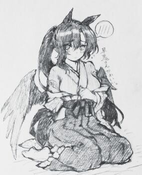 1girl absurdres alternate_costume animal_ears blush carbohydrate_(asta4282) closed_mouth commentary_request greyscale hakama hakama_skirt highres horse_ears japanese_clothes kimono kurokoma_saki long_hair long_sleeves looking_at_viewer monochrome no_headwear ponytail seiza sitting skirt solo spoken_blush touhou wings