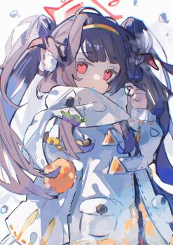 Rule 34 | 1girl, alternate costume, black hair, blue archive, blunt bangs, chromatic aberration, closed mouth, commentary request, demon girl, demon horns, earmuffs, expressionless, fuuka (blue archive), halo, highres, horns, jacket, long hair, long sleeves, looking at viewer, playing with own hair, red eyes, red halo, scarf, simple background, snowing, solo, twintails, upper body, white background, white jacket, white scarf, wrdij5w0rg31830