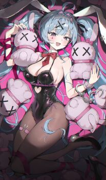 1girl absurdres ahoge animal_ear_hairband animal_ears bare_shoulders between_breasts black_leotard black_shoes blue_eyes blue_hair blush bound bound_legs bound_wrists breasts center-flap_bangs chama_(chacoc0) chest_strap cleavage clothing_cutout commentary covered_groin cuffs cutout_above_navel detached_collar fake_animal_ears hair_intakes hair_ornament hair_ribbon hairband handcuffs hatsune_miku high_heels highres large_breasts leotard long_hair looking_at_viewer lying necktie o-ring o-ring_thigh_strap on_back open_mouth pantyhose pink_necktie pink_ribbon playboy_bunny rabbit_ear_hairband rabbit_ears rabbit_hole_(vocaloid) red_nails ribbon shoes short_necktie single_wrist_cuff smile solo spotlight stuffed_animal stuffed_rabbit stuffed_toy sweat teardrop_facial_mark thigh_strap twintails very_long_hair vocaloid white_hairband wrist_cuffs x_hair_ornament x_x