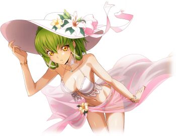 1girl adjusting_clothes adjusting_headwear alpha_transparency arm_up artist_request bikini blue_gemstone bracelet braid breasts c.c. cleavage code_geass code_geass:_lost_stories cropped_legs crown_braid dutch_angle female_focus flower game_cg gem gold green_hair groin hair_between_eyes hair_ribbon hair_rings hat hat_flower hat_ribbon highres jewelry lace lace-trimmed_bikini lace_trim leaning_forward lily_(flower) looking_at_viewer medium_breasts navel non-web_source o-ring o-ring_bikini o-ring_bottom official_art parted_lips pink_ribbon pink_sarong ribbon sarong see-through_clothes see-through_sarong shiny_skin short_hair sidelocks simple_background solo standing stomach sun_hat swimsuit teeth thighs transparent_background white_hat white_ribbon yellow_eyes yellow_flower