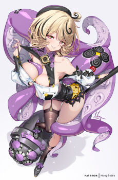 1girl bare_shoulders black_hat black_thighhighs blonde_hair blush breasts choker cleavage detached_sleeves garter_straps hammer hat high-waist_shorts highres holding holding_hammer holding_weapon hong_(white_spider) huge_weapon key key_choker large_breasts looking_at_viewer mole mole_under_mouth monster_girl multicolored_hair octopus purple_eyes scylla shirt short_hair shorts single_garter_strap single_thighhigh smile solo standing strap_pull tentacle_between_breasts tentacle_girl tentacle_tail tentacles thighhighs thiren torn_clothes torn_thighhighs weapon yidhari_murphy zenless_zone_zero