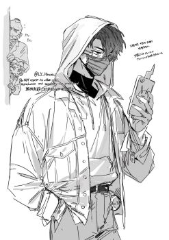 1boy alternate_hairstyle artist_name belt black_belt copyright_notice copyright_request corbeau_(pokemon) covering_own_mouth dusk_ball formal_clothes from_side gen_4_pokemon glasses hand_in_pocket hat highres hood hood_up hoodie jacket kitsune_(ly_howe) korean_commentary korean_text long_hair looking_at_phone male_focus mask mixed-language_commentary monochrome mouth_mask nintendo pants paxton_(pokemon) philippe_(pokemon) phone poke_ball pokemon pokemon_legends:_z-a rotom rotom_phone round_eyewear shirt sketch suit thick_eyebrows turtleneck turtleneck_shirt twitter_username unbuttoned wallet_chain worried