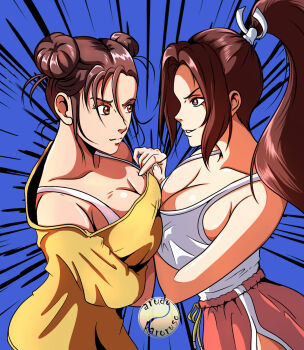 2girls akiman_pose breast_press breasts capcom chun-li fatal_fury large_breasts long_hair multiple_girls shiranui_mai street_fighter street_fighter_6 svc_chaos symmetrical_docking