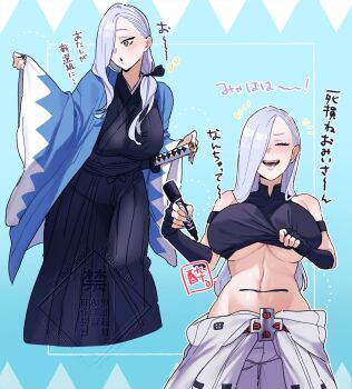 1girl bare_shoulders black_gloves black_kimono black_sports_bra blue_lips body_writing breasts closed_eyes elbow_gloves eyeliner fate/grand_order fate_(series) gloves hair_over_one_eye hakama haori highres hiyayaako japanese_clothes katana kimono large_breasts long_hair long_sleeves makeup marker mrs._snake_(fate) multiple_views navel open_mouth smile sports_bra sword translation_request weapon white_hair white_hakama wide_sleeves yellow_eyes