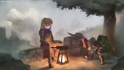 2girls animated apple armor artist_name campfire cooking fire food fruit green_hair helmet laughing multiple_girls outdoors pointy_ears sitting souperior stone_wall tagme throwing unworn_headwear unworn_helmet video