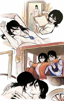 Rule 34 | 1boy, 1girl, abs, aged down, alternate costume, antatica11, black eyes, black hair, bleach, blue suit, blush, casual, casual nudity, closed eyes, closed mouth, collared shirt, commentary, completely nude, convenient censoring, couple, double-parted bangs, embarrassed, english commentary, eyelashes, feet out of frame, flipped hair, flying sweatdrops, formal clothes, hair between eyes, hair spread out, hands up, happy tears, hetero, highres, holding, holding pen, imminent kiss, jewelry, kuchiki byakuya, kuchiki hisana, long hair, long sleeves, looking at another, lying, medium hair, muscular, muscular male, necklace, nose, nude, on back, open clothes, open mouth, open shirt, orange shirt, parody, parted lips, pen, profile, shirt, smile, standing, suit, sweat, tears, teeth, titanic (movie), tsurime, upper body, upper teeth only