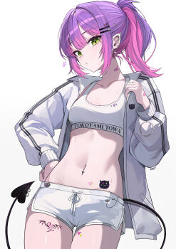 1girl absurdres alternate_costume bandaid bandaid_on_neck breasts center-flap_bangs character_name colored_inner_hair commentary cowboy_shot cross cross_earrings demon_girl demon_tail dolphin_shorts double-parted_bangs ear_piercing earrings gradient_hair green_eyes hair_ornament hairclip hand_on_own_hip hand_up highres hololive jacket jewelry kkato leg_tattoo looking_at_viewer medium_breasts medium_hair multicolored_hair navel navel_piercing parallel_hairclips piercing pink_hair pointy_ears ponytail purple_hair short_shorts shorts simple_background solo sports_bra stomach tail tattoo tokoyami_towa virtual_youtuber white_background white_jacket white_shorts white_sports_bra winged_heart winged_heart_tattoo
