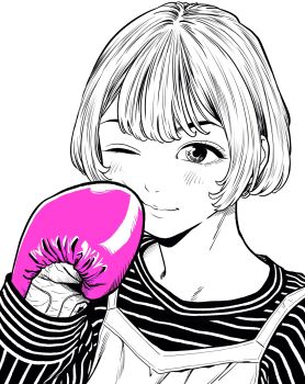 1girl bob_cut boxing_gloves commentary_request eyebrows_hidden_by_hair eyelashes gloves highres lee_(dragon_garou) light_blush monochrome one_eye_closed original pink_gloves portrait shirt short_hair sleeves_past_wrists smile solo spot_color striped_clothes striped_shirt
